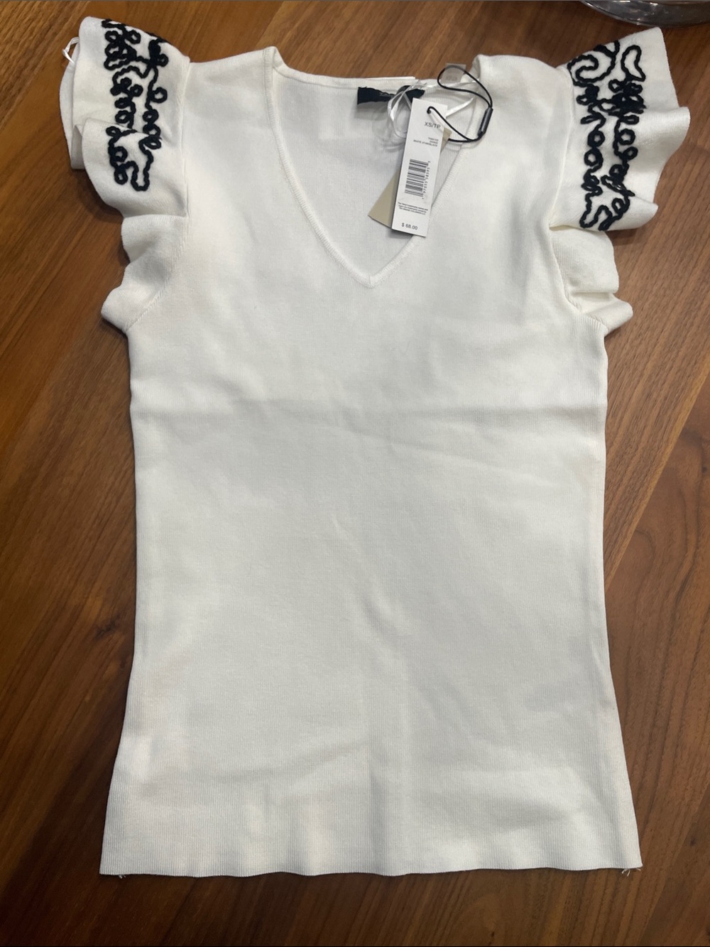 Tahari Cream V-Neck Ruffle Sleeve Top with Black Embroidery